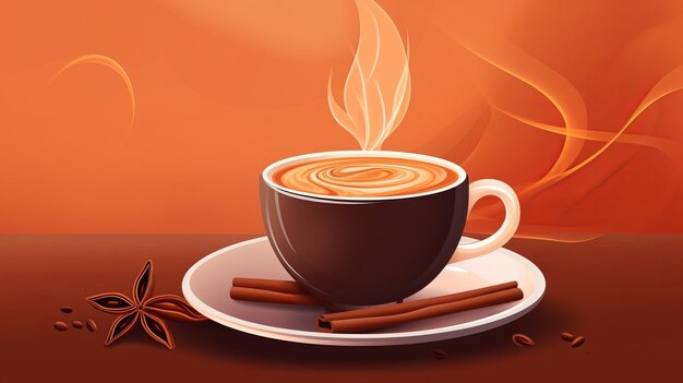 A cup of coffee with cinnamon and star anise on an orange background