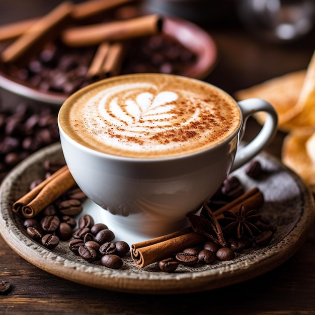 A cup of coffee with cinnamon sticks on the rim