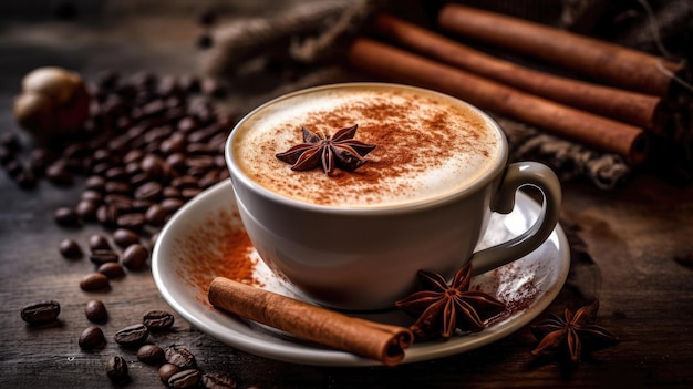 A cup of coffee with cinnamon sticks on the side