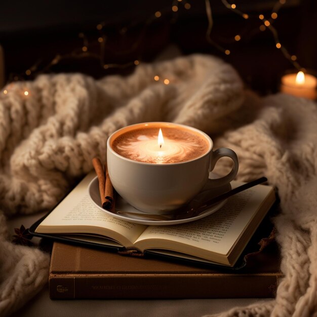 A cup of coffee with cinnamon sticks on top of a book