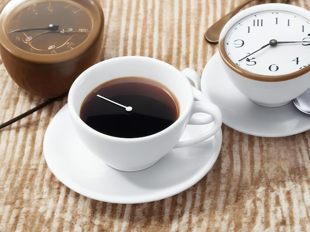 コーヒーのカップに時計がついています