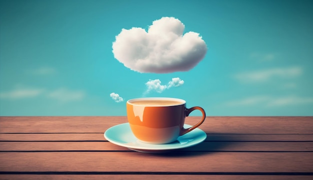 A cup of coffee with a cloud shaped cloud above it