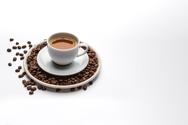 a cup of coffee with coffee beans around a saucer isolated on white background with copy space