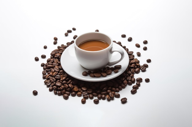 a cup of coffee with coffee beans around a saucer isolated on white background