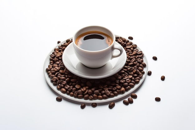 a cup of coffee with coffee beans around a saucer isolated on white background