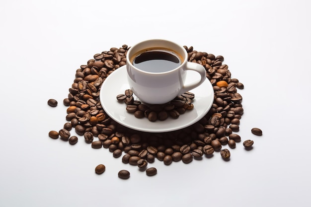 a cup of coffee with coffee beans around a saucer isolated on white background