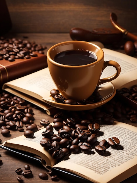 Cup of coffee with coffee beans and book