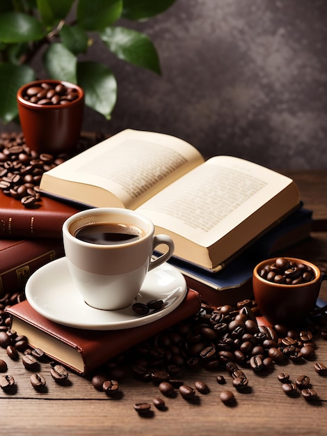 Cup of coffee with coffee beans and book