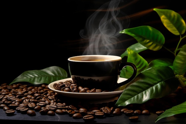 黄麻布の袋にコーヒー豆とぼやけたコーヒーを入れた木のスプーンにコーヒー粉を入れたコーヒーカップ