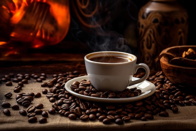 Cup of coffee with coffee beans in burlap bag and coffee powder in wooden spoon with blurred coffee