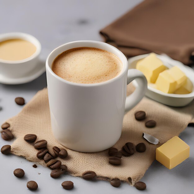 Photo a cup of coffee with coffee beans and butter on a table