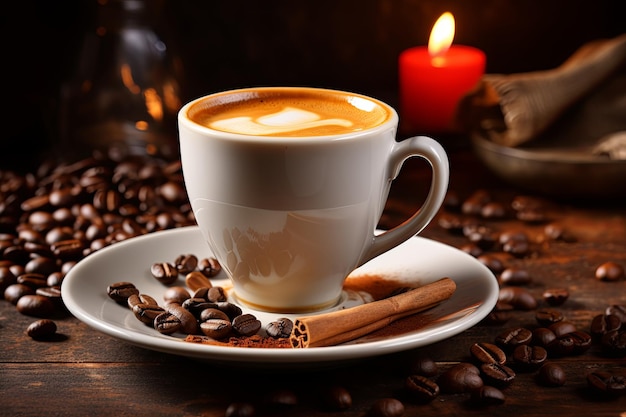 Cup of coffee with coffee beans closeup dark background