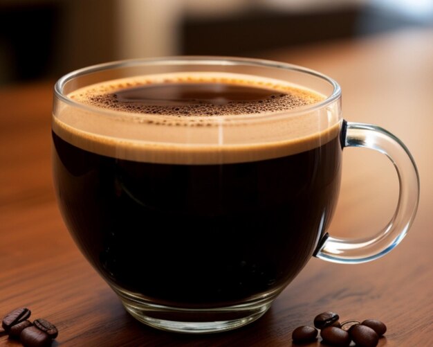 A cup of coffee with coffee beans and coffee beans on a table