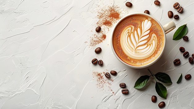 Photo a cup of coffee with coffee beans and a coffee cup on a table