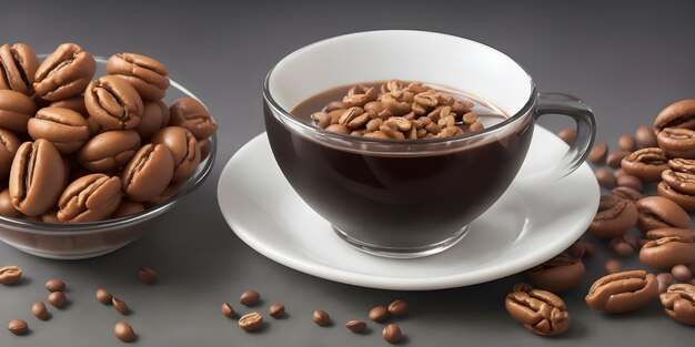 Cup of coffee with coffee beans on a gray background 3d rendering