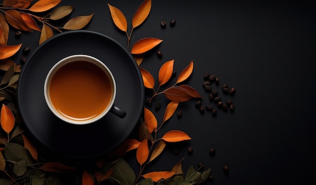 A cup of coffee with coffee beans and leaves