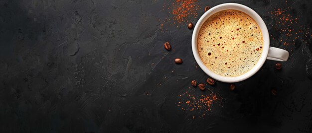 a cup of coffee with the coffee beans on the table