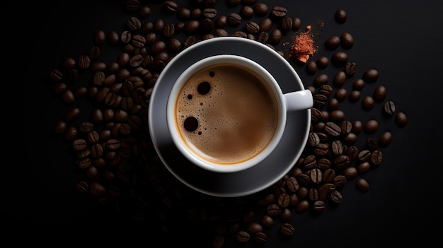 A cup of coffee with coffee beans on the table