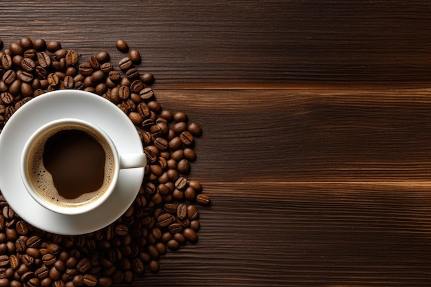 A cup of coffee with a coffee beans on the table