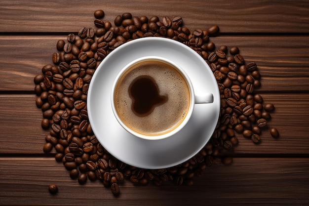 탁자 위에 원두 커피가 있는 커피 한 잔