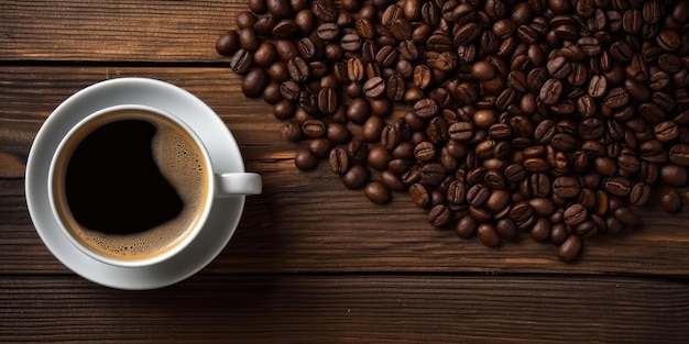 A cup of coffee with a coffee beans on the table