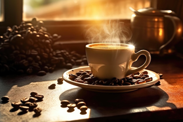 A cup of coffee with coffee beans on the table