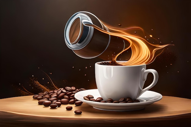 탁자 위에 원두 커피가 있는 커피 한 잔