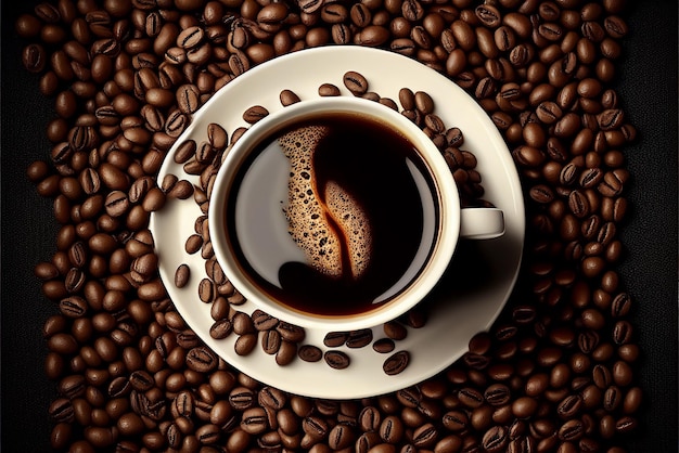 A cup of coffee with coffee beans on the table