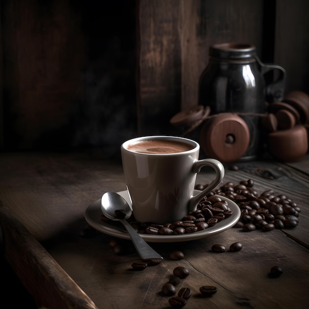 A cup of coffee with coffee beans on a wooden table.