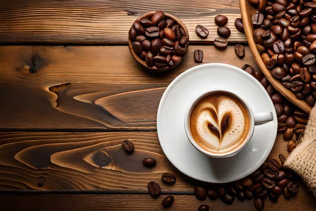 A cup of coffee with coffee beans on a wooden table