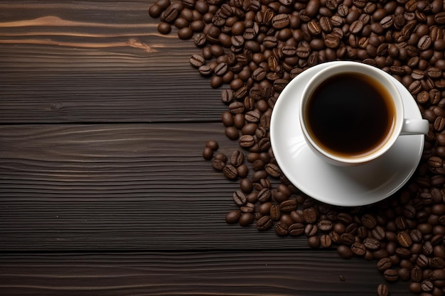 Чашка кофе с кофейными зернами на деревянном столе