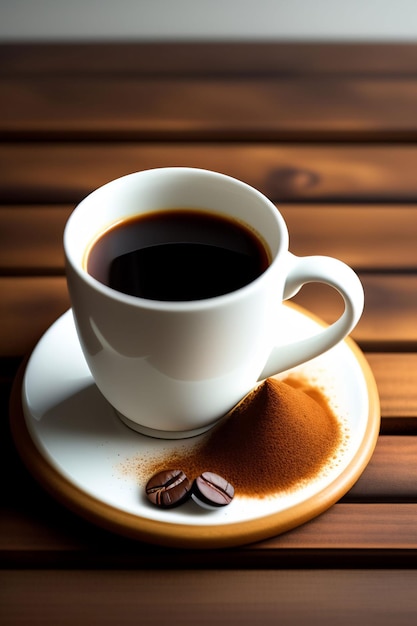 A cup of coffee with coffee beans on a wooden table