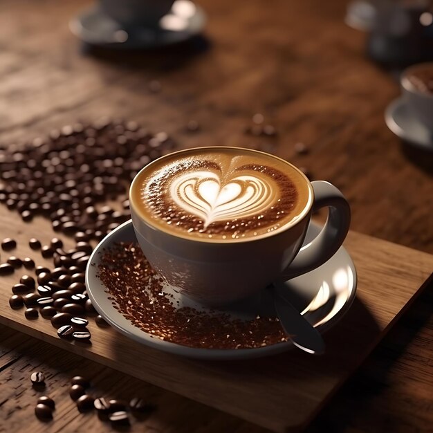 a cup of coffee with coffee beans on a wooden table.