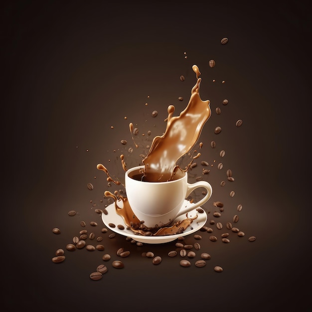 Cup of coffee with coffee splashes and coffee beans in studio dark background