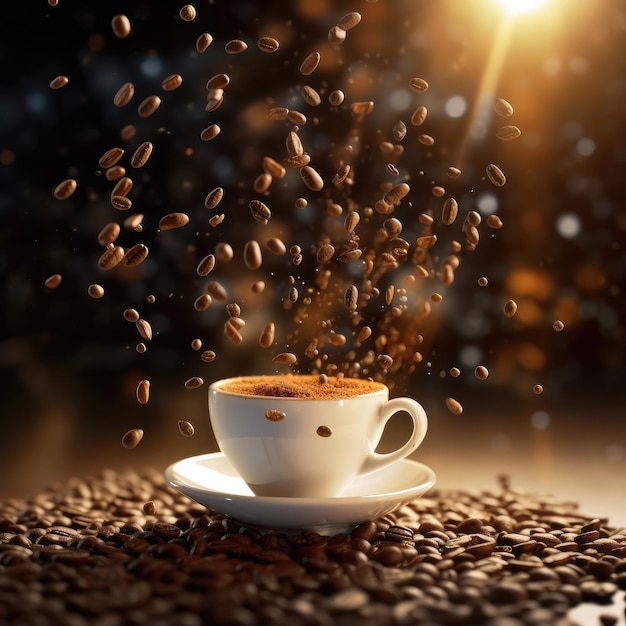 スタジオの暗い背景にコーヒーの飛沫とコーヒー豆が入ったコーヒーカップ
