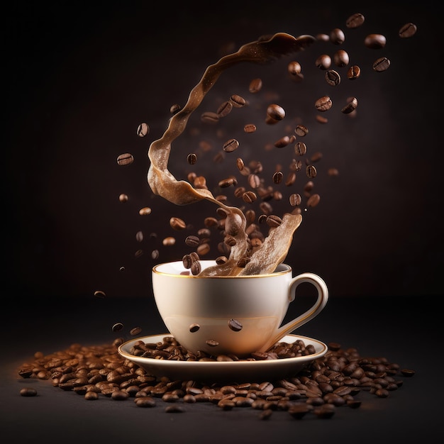 Cup of coffee with coffee splashes and coffee beans in studio dark background