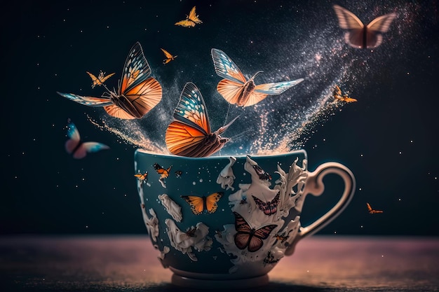 Cup of coffee with colorful butterflies Generative AI