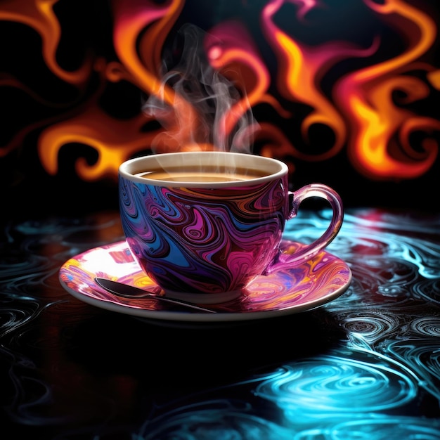 A cup of coffee with a colorful design on the saucer ai