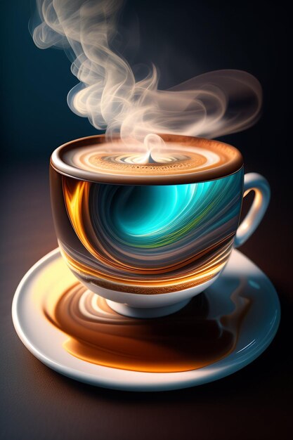 A cup of coffee with colorful smoke