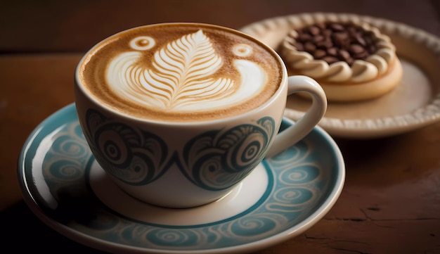 A cup of coffee with a cookie on the side