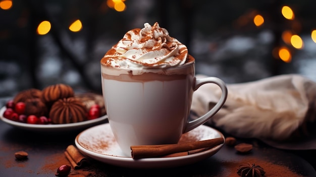 Foto tazza di caffè con panna e cioccolato grattugiato generativo ai