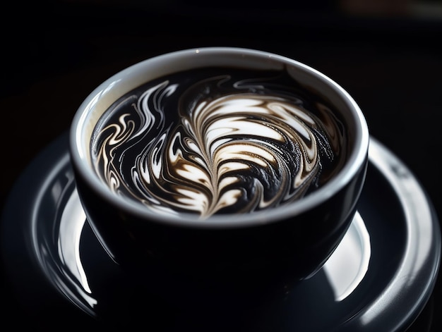 A cup of coffee with cream and a leaf design on the rim.