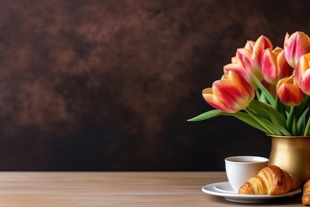 Чашка кофе с круассаном и свежими тюльпанами Generative AI