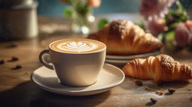 A cup of coffee with a croissant on the table