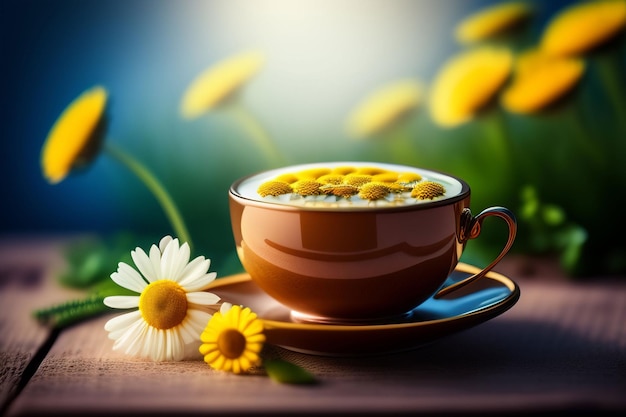 A cup of coffee with daisies in the background