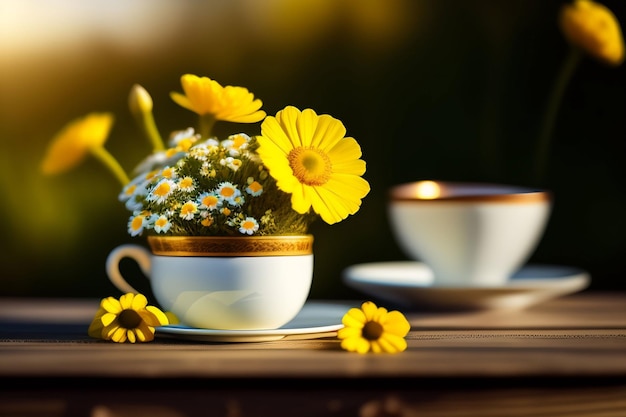 A cup of coffee with daisies on the table