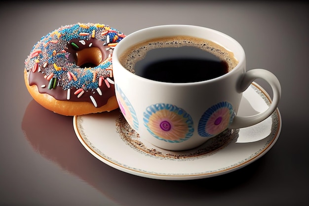 A cup of coffee with a donut on a saucer next to it.