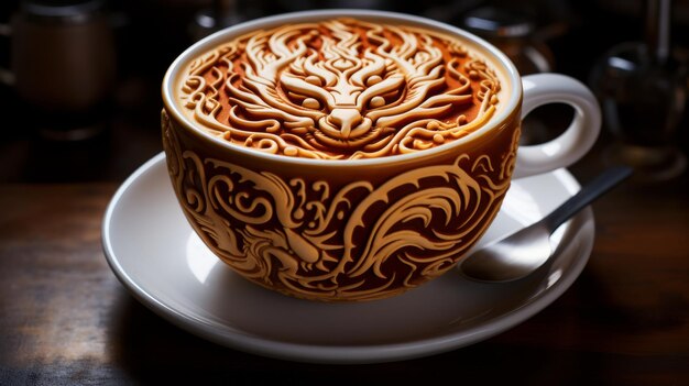 Photo a cup of coffee with a dragon design on it