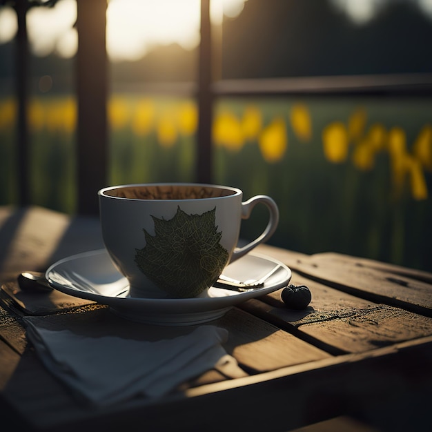 Photo cup of coffee with farm with sun in the background generative ai