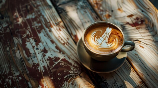 Photo a cup of coffee with a feather design on top sits on a wooden table